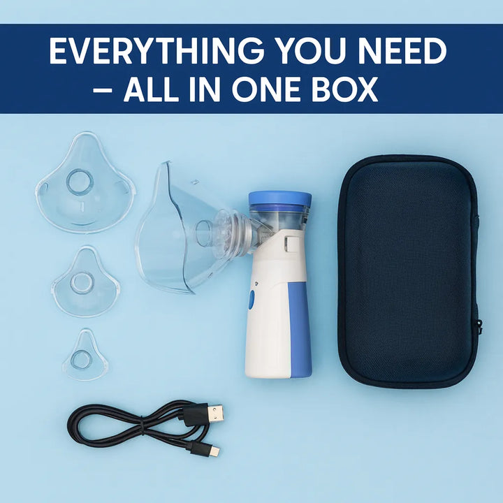 BreatheEase™ Portable Mesh Nebulizer – Silent & Compact | For Adults, Kids & Elderly | Instant Relief from Asthma, Cough & Sinus | USB + Battery Powered
